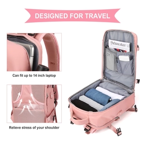 Pink travel backpack detail showing 14 inch laptop compartment and breathable back padding