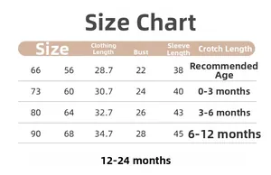 Size chart for cotton baby romper detailing length, chest, and age recommendations