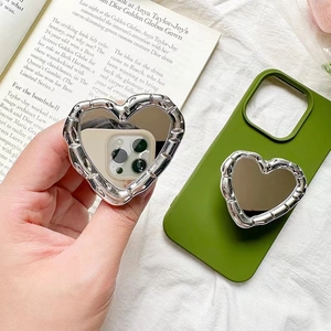 Heart Shape Mirror Phone Grip Retractable Bamboo Texture Alloy Portable Mobile Phone Stand Finger Ring Makeup Mirror Sticker
