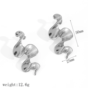 Irregular twisted stainless steel hoop earrings with liquid metal wavy design 50mm