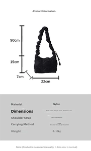 Size chart showing dimensions for the nylon quilted crossbody bag with adjustable strap
