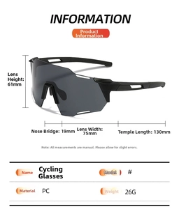 Vue détaillée des lunettes de cyclisme en PC avec verres gris et dimensions du cadre