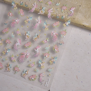 5D embossed phoenix embroidery nail stickers with purple birds and white pearls