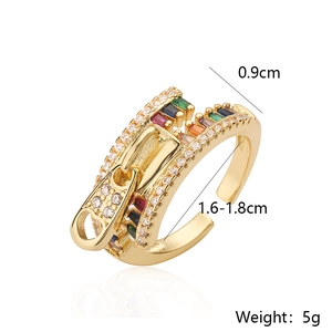 18K gold plated copper zipper ring with colorful zircon stones and adjustable opening