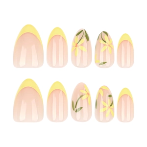 Faux ongles amande jaune français avec motifs floraux et finition gel brillant