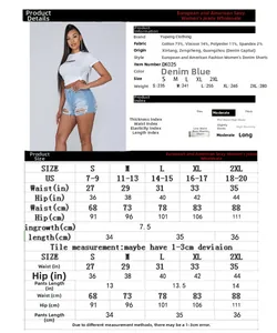 Detailed size chart for high-waisted ripped denim shorts showing US sizes and measurements