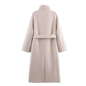 Elegante cappotto lungo in lana da donna color avena con cintura e spacco posteriore