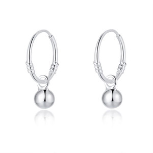 Detail of silver S999 minimalist drop earrings with polished sphere pendant on white background
