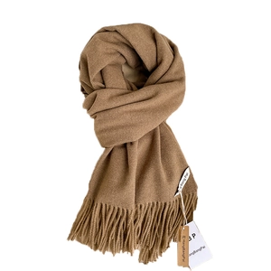 Classic camel faux cashmere scarf with long fringe tassels on white background