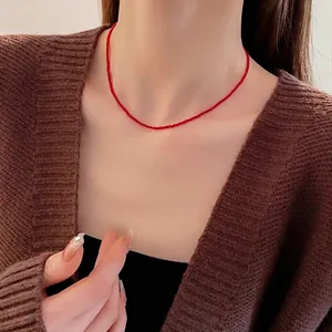 Minimalist red crystal beaded choker necklace for women with fine 2mm agate beads