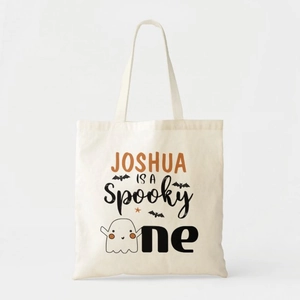 Detail of cute Halloween ghost canvas tote bag with Joshua print and bat illustrations