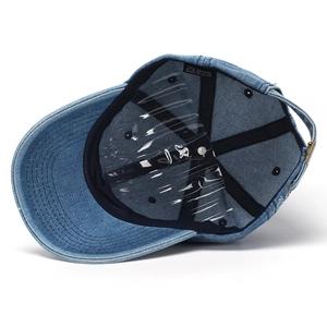 Classic blue washed denim baseball cap featuring internal cotton sweatband and metal buckle