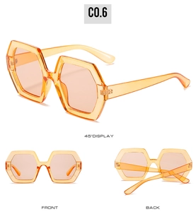 Three-angle display of orange polygon oversized sunglasses with thick resin frames