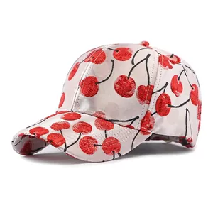 Fashionable cherry jacquard baseball cap in cream satin finish with red embroidery