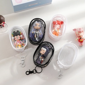 Transparent oval PVC display bag for action figures with portable metal carabiner hook