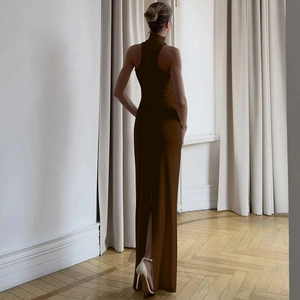 Rear view of sleek dark brown high-neck sleeveless evening dress with a back hem slit