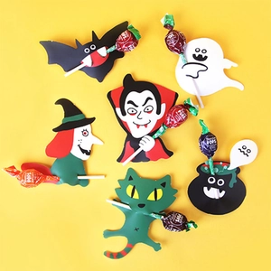 Set of Halloween lollipop paper cards with cartoon ghost bat and witch on yellow background