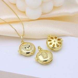 Golden round bear locket necklace with Virgin Mary carving and crystal inlay