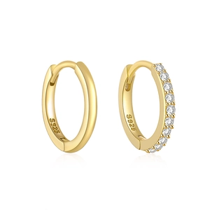 Detailed close-up of S925 sterling silver gold ear hoops with pavé zircon stones