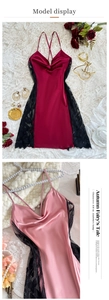 Detailed view of silk slip nightgown with delicate black floral lace and crossover straps