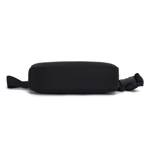 Detail view of the black waterproof nylon waist bag showing bottom thickness and stitching