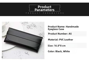 Detail view of a black PVC leather envelope glasses case with 16.8x8cm dimensions