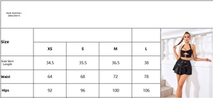 Detailed size guide table for women's slim fit ruffle skirt showing waist and hip measurements