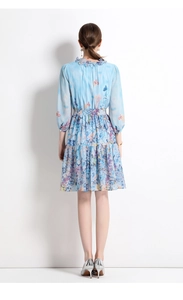 Rear view of light blue chiffon dress with elegant floral and butterfly print details