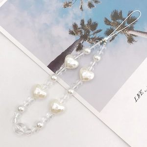 Clear acrylic heart beads phone strap with white pearls and silver accents for mobile shells