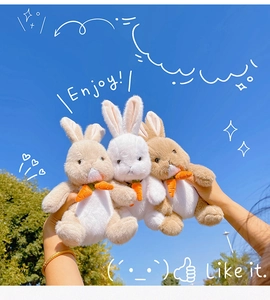 Detail of plush bunny toys with carrots held against a blue sky and green plants