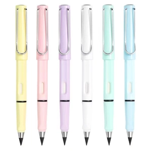 Set of six inkless eternal pencils in pastel colors with metal clips on white background