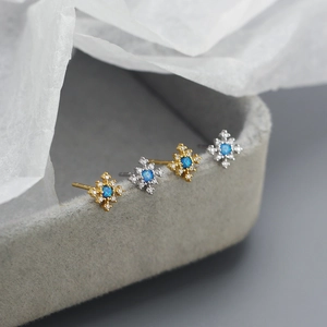 S925 silver opal stud earrings in gold and silver finish with sparkling zircon accents
