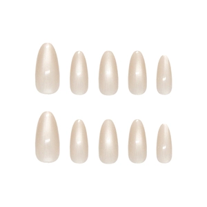 Pearlescent champagne almond press-on nails set with shimmer finish on white background