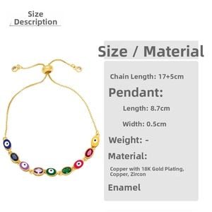 Detail of adjustable 18K gold plated Evil Eye bracelet with colorful enamel charms