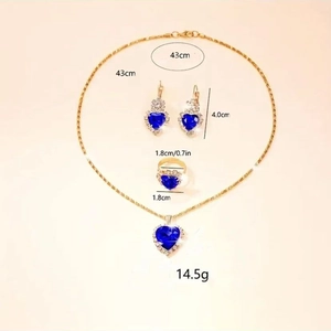 Detailed size specifications for blue heart gemstone necklace, earrings, and ring set
