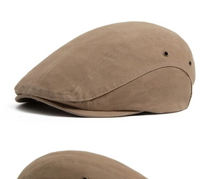 Detailed view of a khaki cotton flat cap in retro Japanese style for men and women