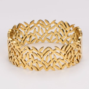 Minimalist gold leaf pattern cutout stainless steel wide cuff bangle for women