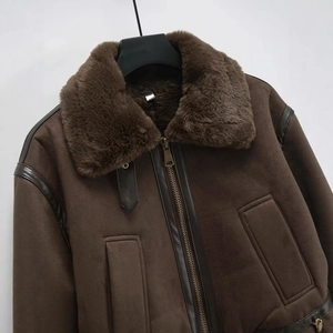 Brown faux shearling aviator jacket with oversized collar and matte leather details