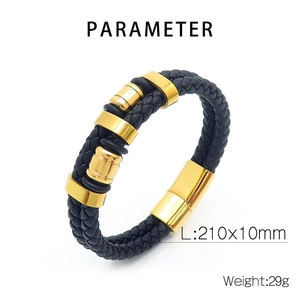 Detail view of woven leather bracelet with metal clasp, size 210x10mm and 29g weight