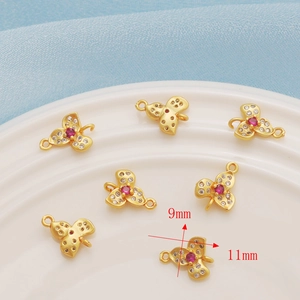 14K gold filled clover charm with red zircon and clear stones, 9mm x 11mm size