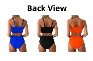 Back view of high waist two-piece bikinis in blue, black, and orange colors