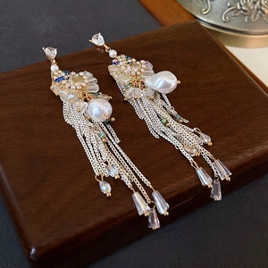 Artificial Baroque Pearl Tassel Drop Earrings For Women Luxury Vintage Bow Zircon Jewelry With 925 Sterling Silver Earring Post
