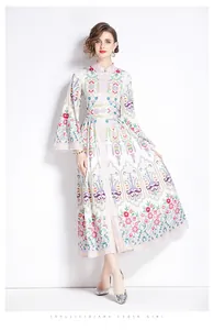 Detail of retro floral print on white stand-collar maxi dress with button-up front