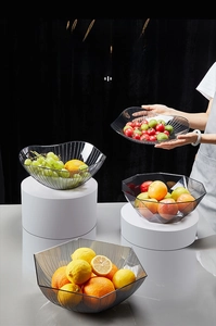Detail of luxury transparent gray acrylic fruit bowls with ribbed and faceted textures