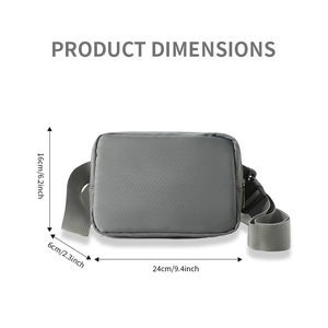 Gray nylon crossbody bag with product dimensions 24cm length and 16cm height
