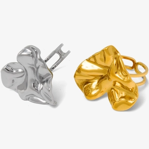 Minimalist 304 stainless steel open rings with irregular gold and silver pleated design