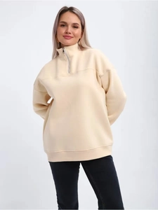 Detail of warm beige half-zip sweatshirt showing stand collar and thick knitted fabric texture