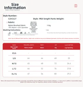 Detailed size chart for yoga sets with fabric composition and washing instructions