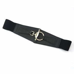 Elegant women's black elastic wide waist belt with a golden round buckle for shirts