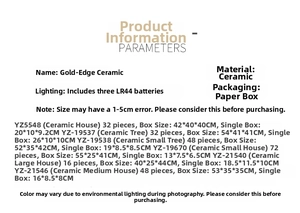 Detailed size specifications for lighted ceramic Christmas tree and house ornaments